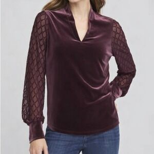 Chicos Velvet V Neck Top Purple Burgundy Size 3/XL Elegant Evening Bishop Sleeve